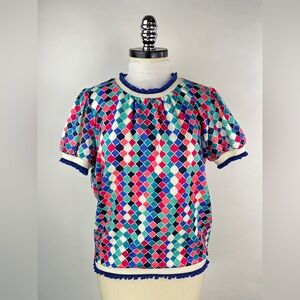 💚 2972. Multicolor Knit Trim Short Sleeve Top